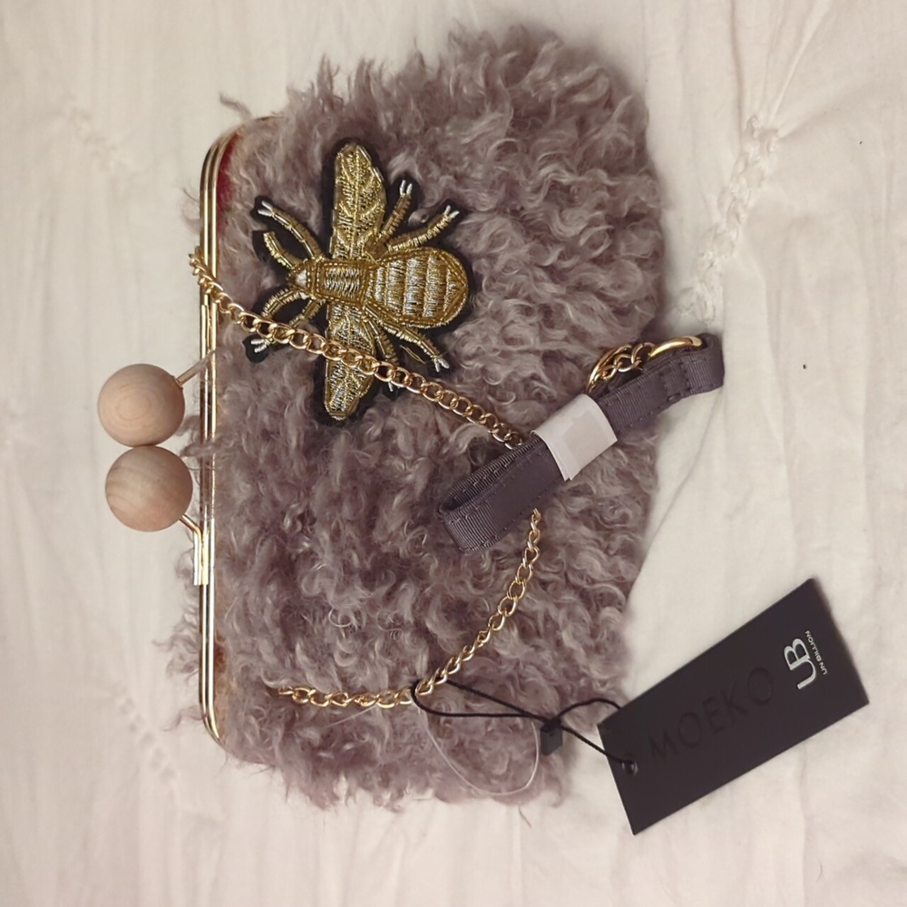 NWT UN Billion Gama Pouch Shaggy Fur Gray Clutch Handbag